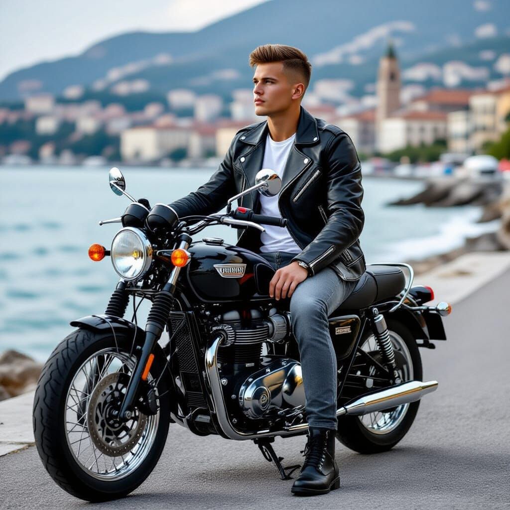 Slavic Man on Triumph Bonneville in Italian City