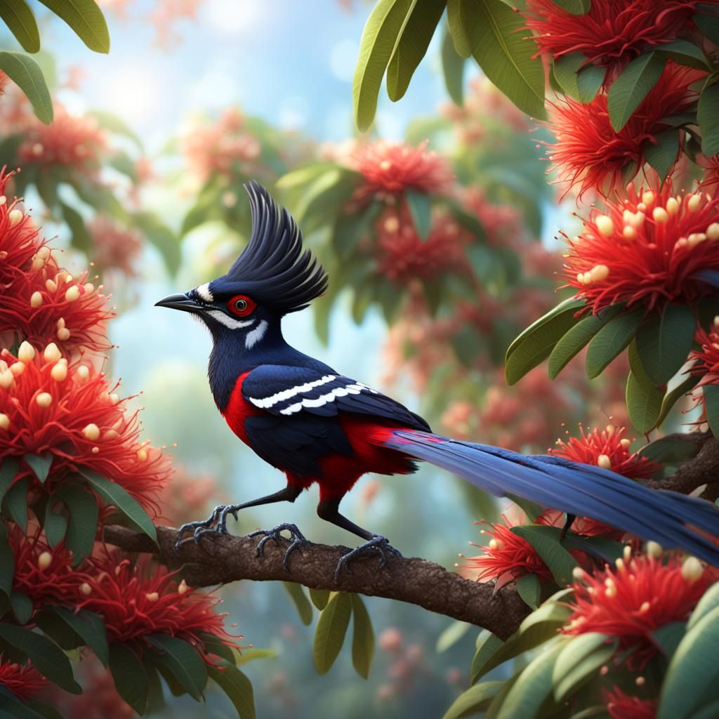 Scarlet Jay in Blossoming Mango Tree: Fantasy Art