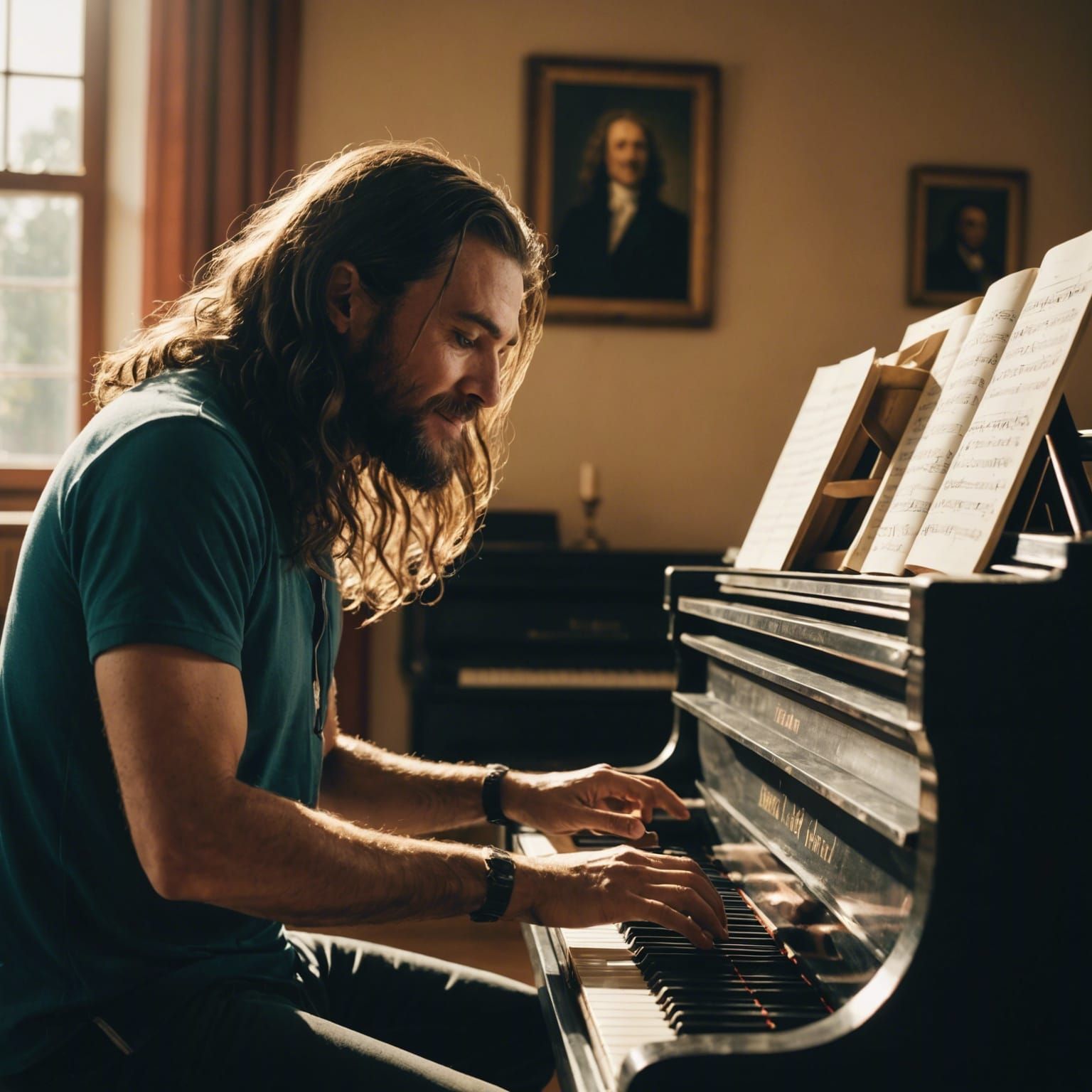 Italian Man Plays Piano in Sunlit Room