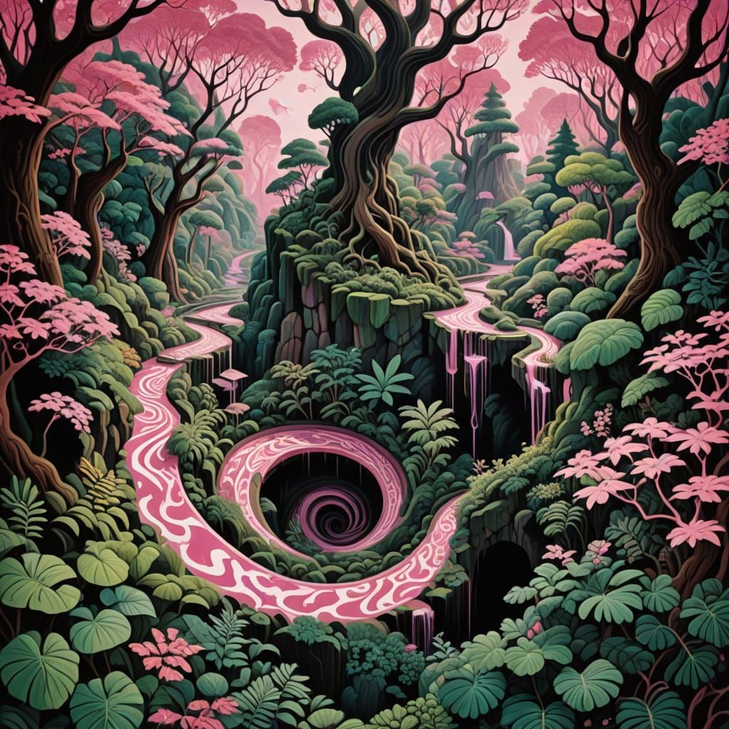 Surreal Jungle Scene with Whirling Spirals and Pink Waterfal...