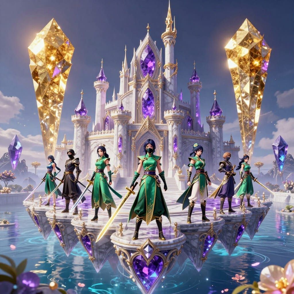 Floating Amethyst Castle Guarded by Kunoichi Warriors