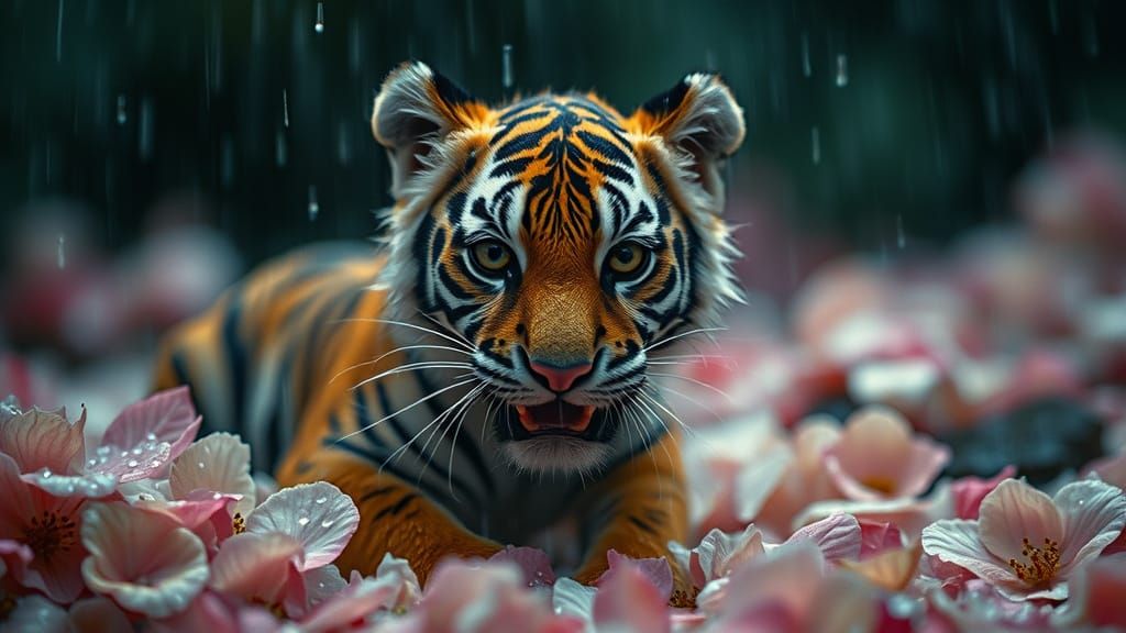 Miniature Tiger in Rain, Cinematic Hyper-Realism