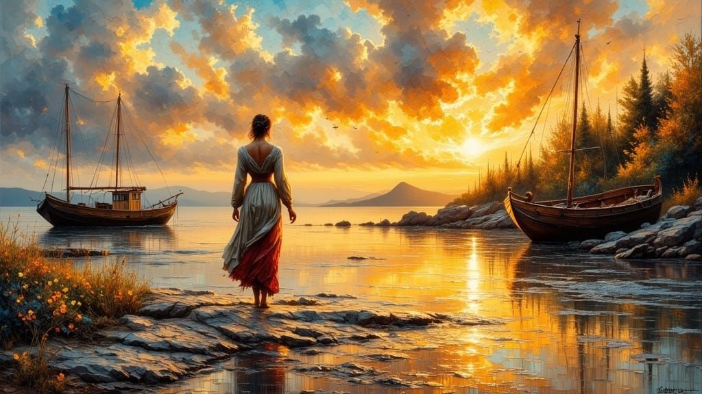 Ancient Harbor with Woman, Impasto Painting