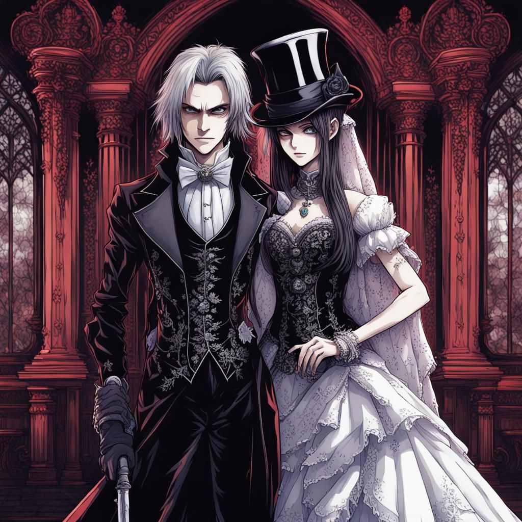 Gothic Anime Bride and Groom in Haunted Mansion
