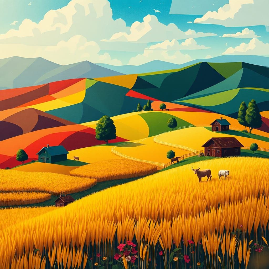 Abstract Geometric Farm Landscape in Henri Matisse Style