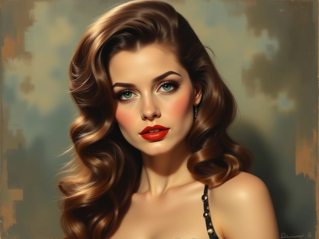 1950s Pin-Up Woman with Long Brown Hair