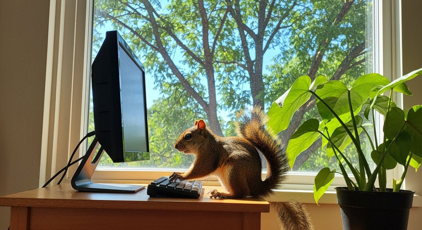 Squirrel Typing at Computer in Sunlit Room