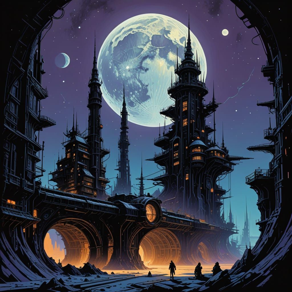 Gothic Space Station Orbiting a Glowing Lunar Crater