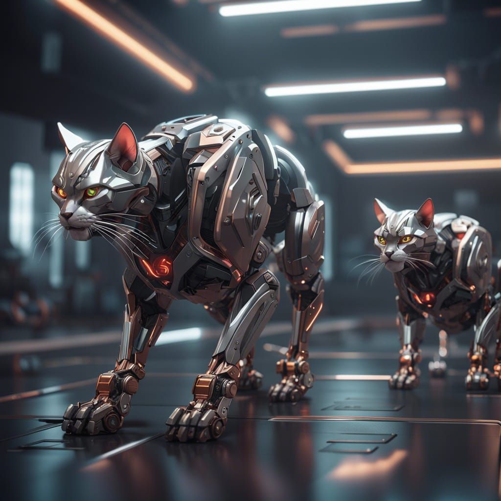 Cyborg Cats Training in Futuristic Gym