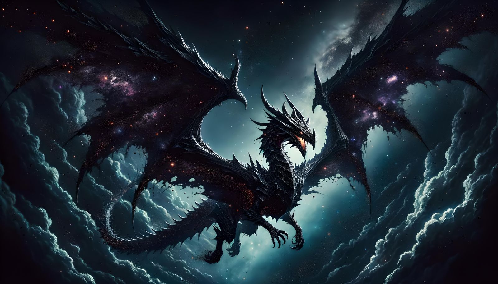 Starlight Obsidian Dragon Soaring Through Night Sky