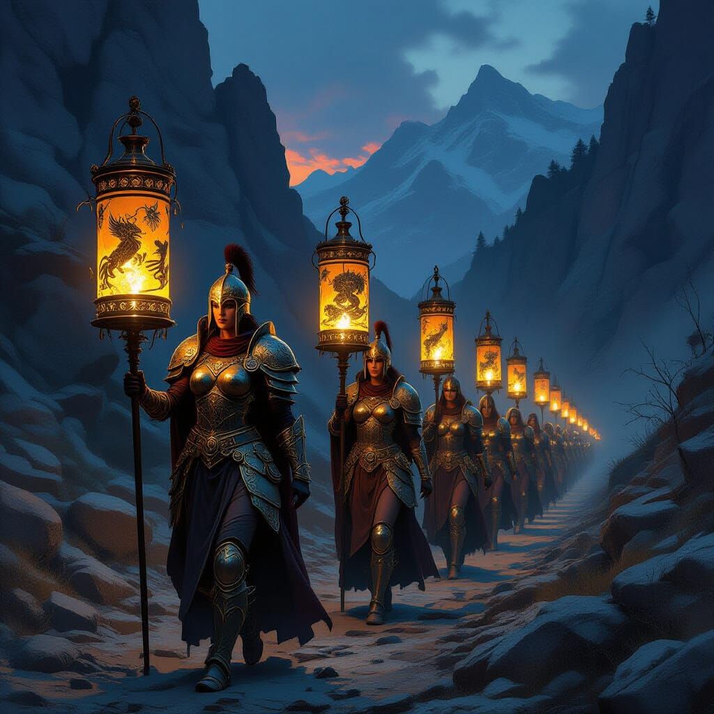 Ancient Warrioresses March at Dusk with Lanterns