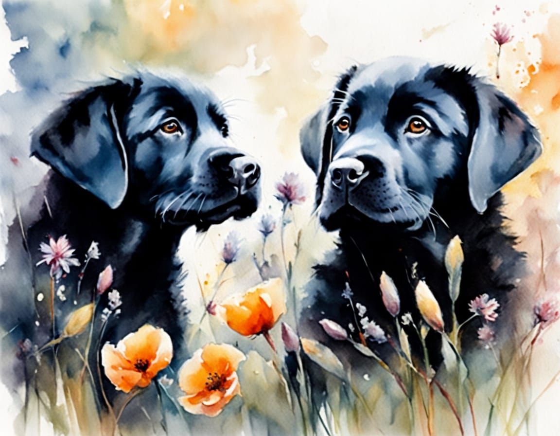 Labrador Puppies Play in Meadow, Watercolour Painting