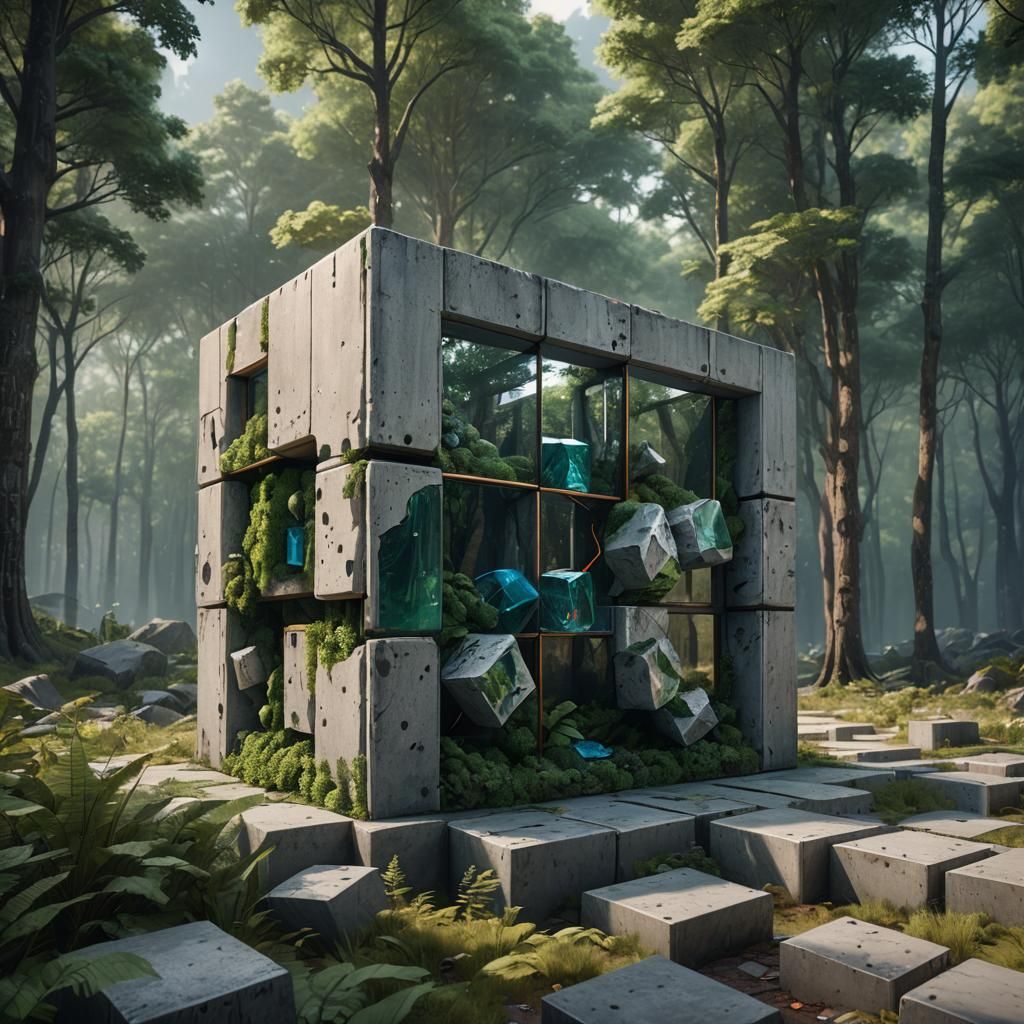 Modernist Cube House in Forest: Digital Art