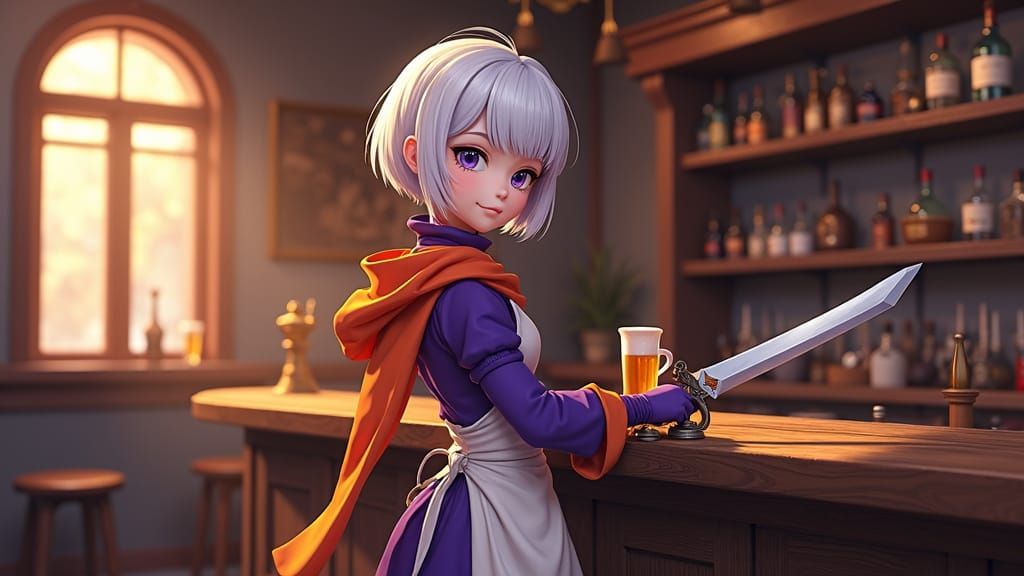 Pale Androgynous Tavern Keeper Polishes Greatswords in Vibra...