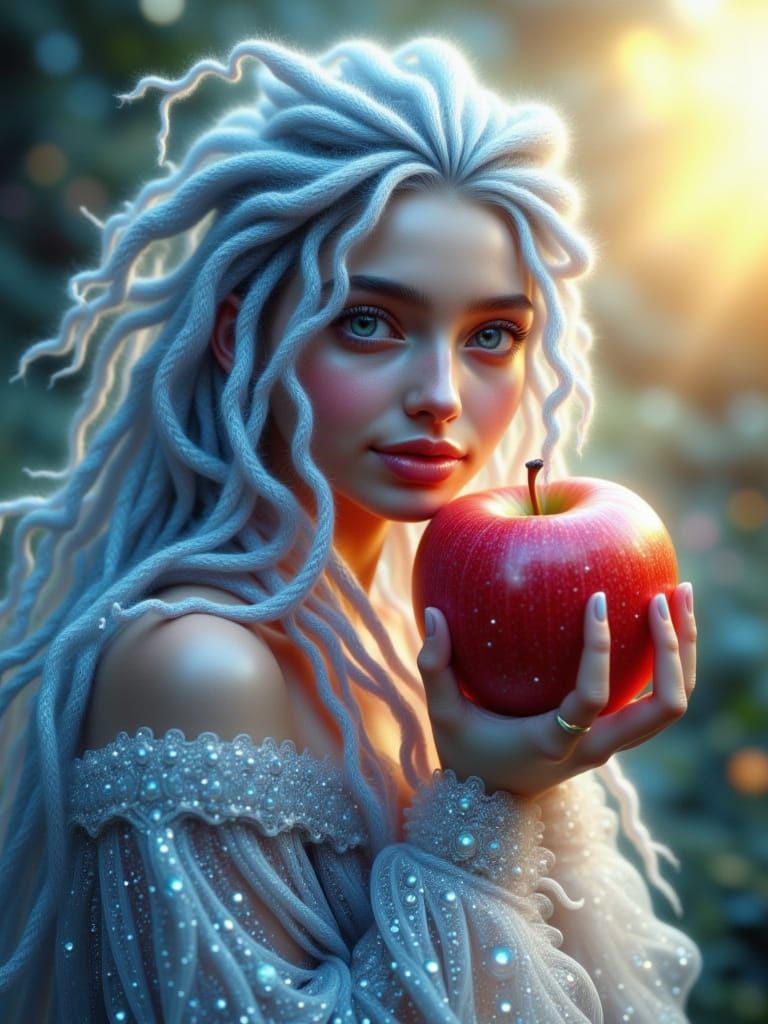 Ethereal Albino Girl Holds Frosty Red Apple in Winter Wonder...