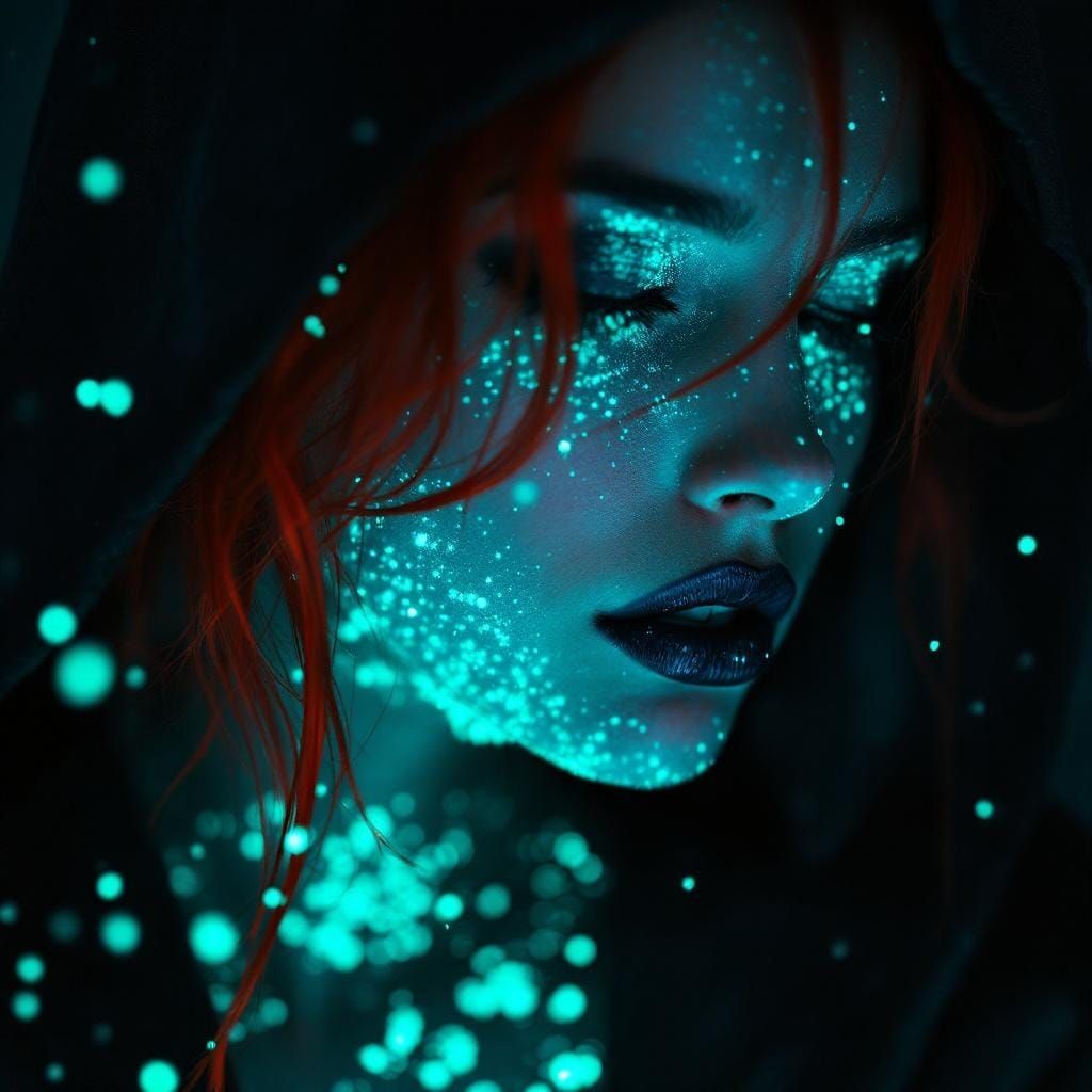 Surreal Portrait with Fiery Hair and Luminous Particles