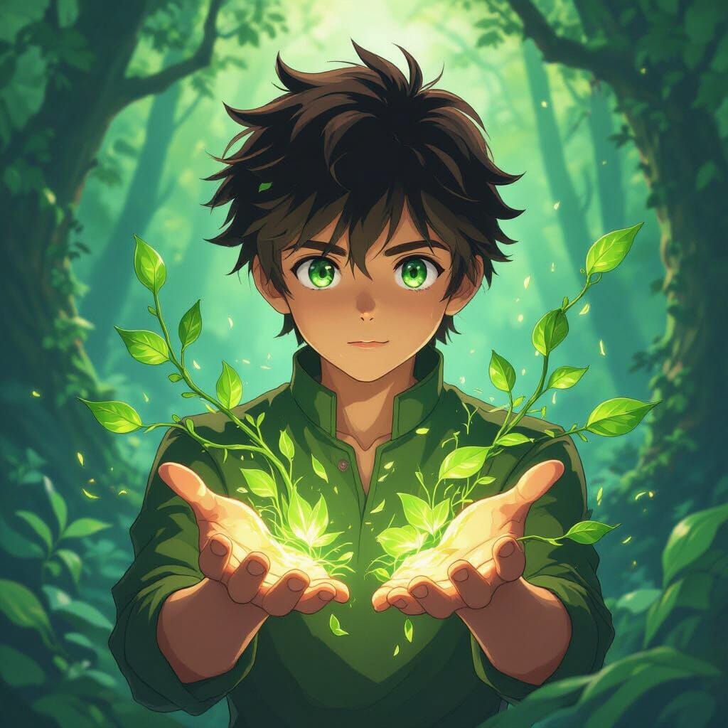 Anime Boy Unleashes Nature's Power in Enchanted Forest