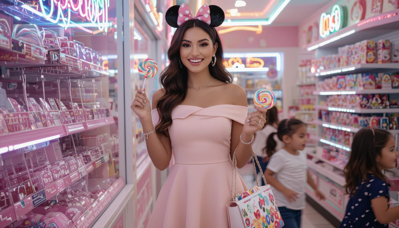 Latina Woman with Minnie Ears at Candy Shop