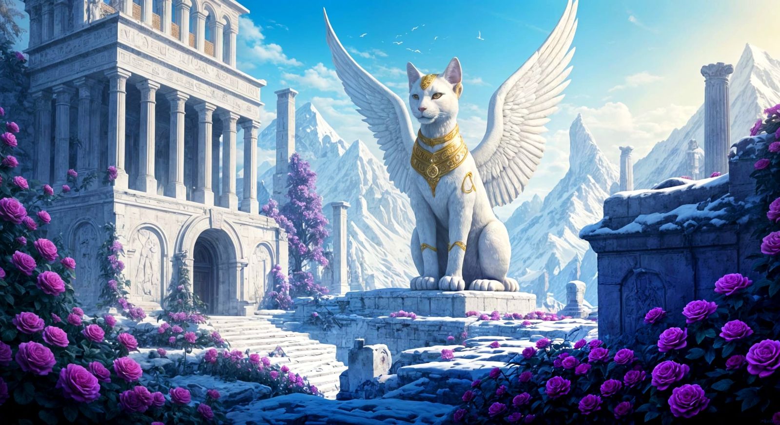 Majestic Golden Winged Cat Statue in Ancient Hidden City