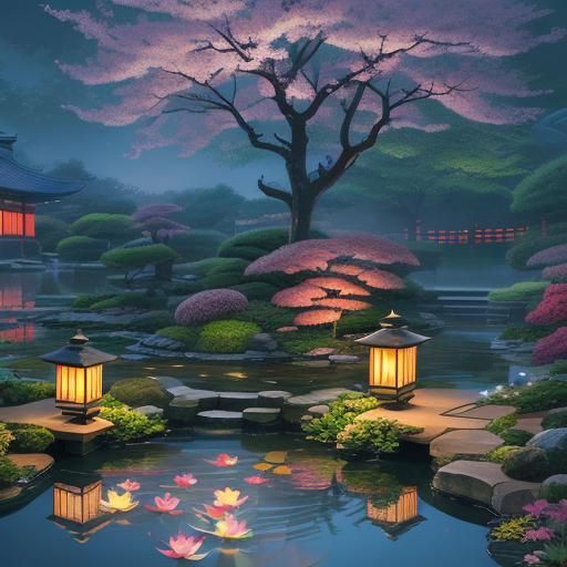 Night Lanterns Illuminate Japanese Garden in Ethereal Style