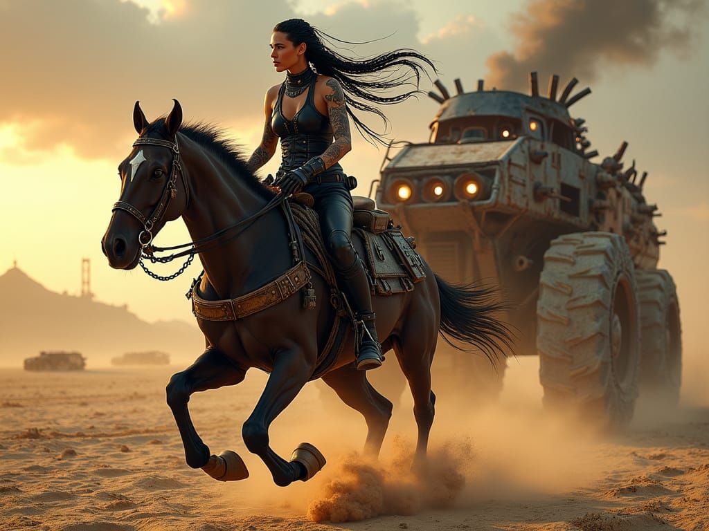 Cyberpunk Warrior on a Post-Apocalyptic Warhorse