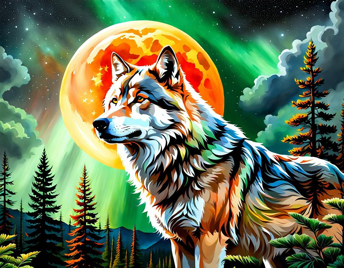 Magical Grey Wolf in Starry Landscape, Watercolor Painting