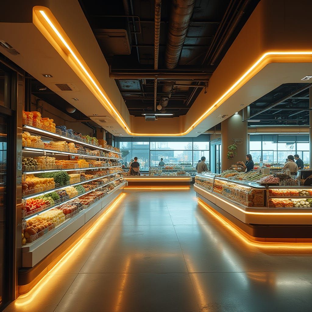 Futuristic Supermarket Sanctuary with Warm LED Lighting