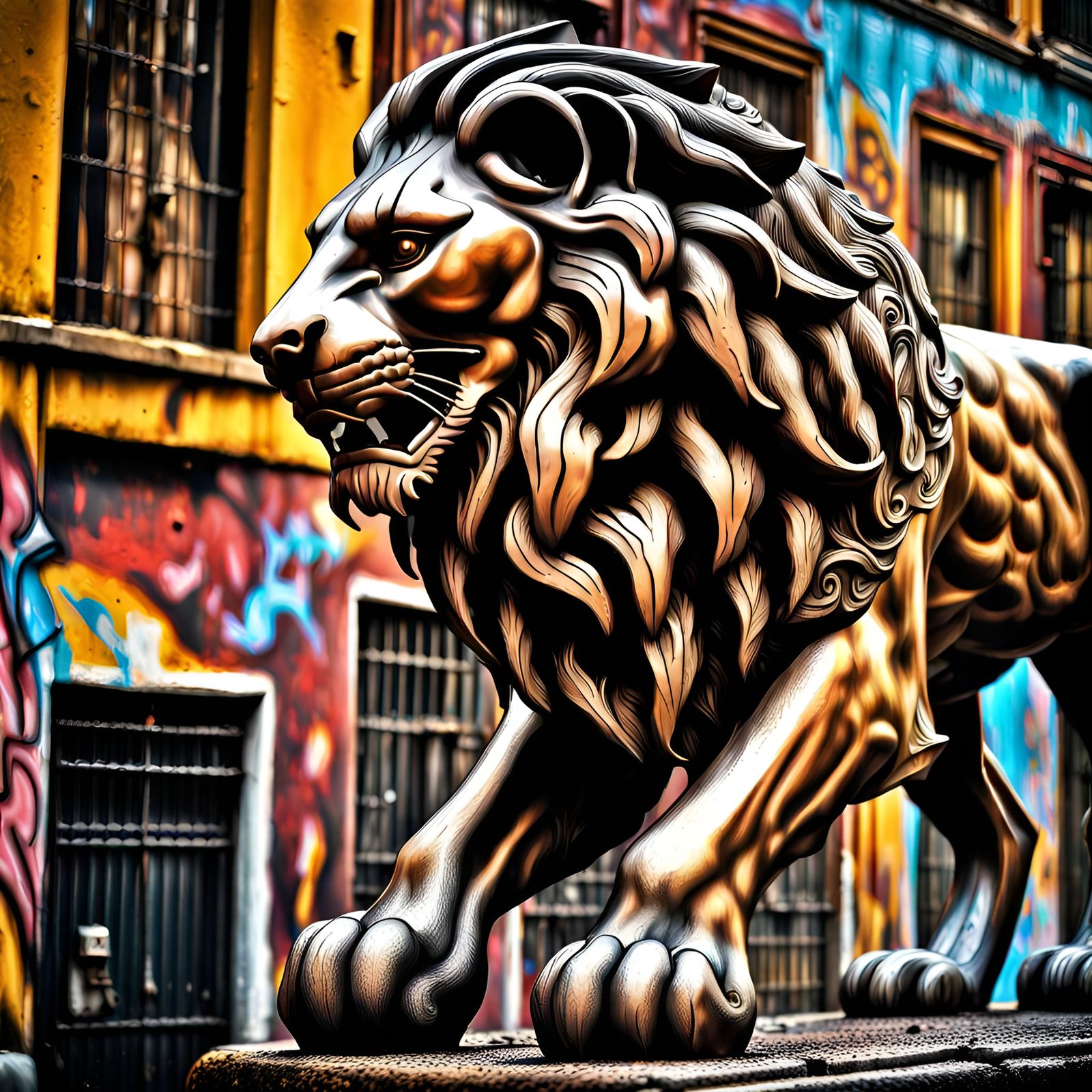 Hyperrealistic Iron Lion with Graffiti Art Background