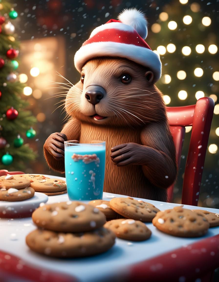 Festive Beaver Serves Christmas Milk and Cookies