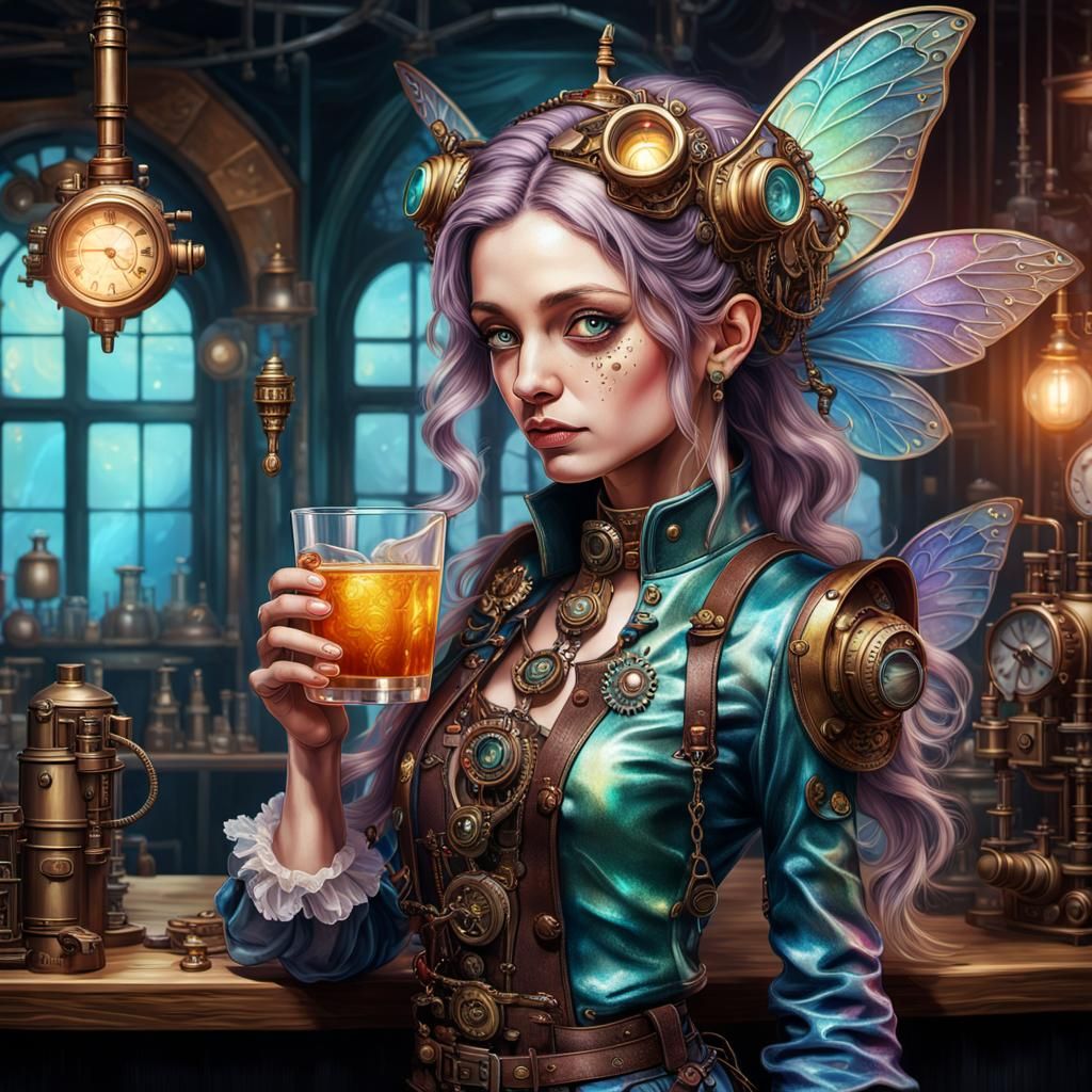 Steampunk Fairy Sipping Iridescent Drink