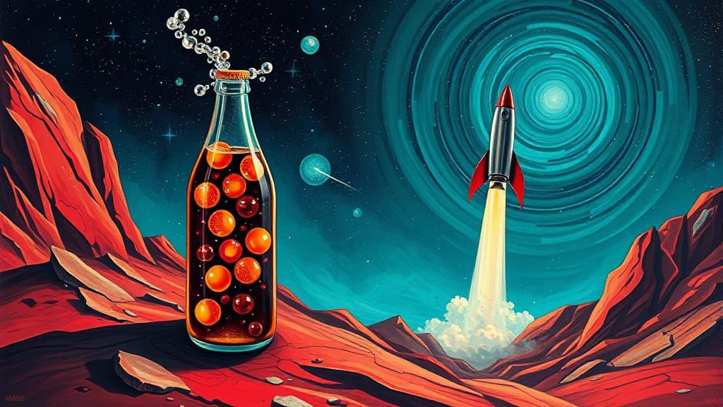 Cola Bottle on Alien Planet in Cubist Style