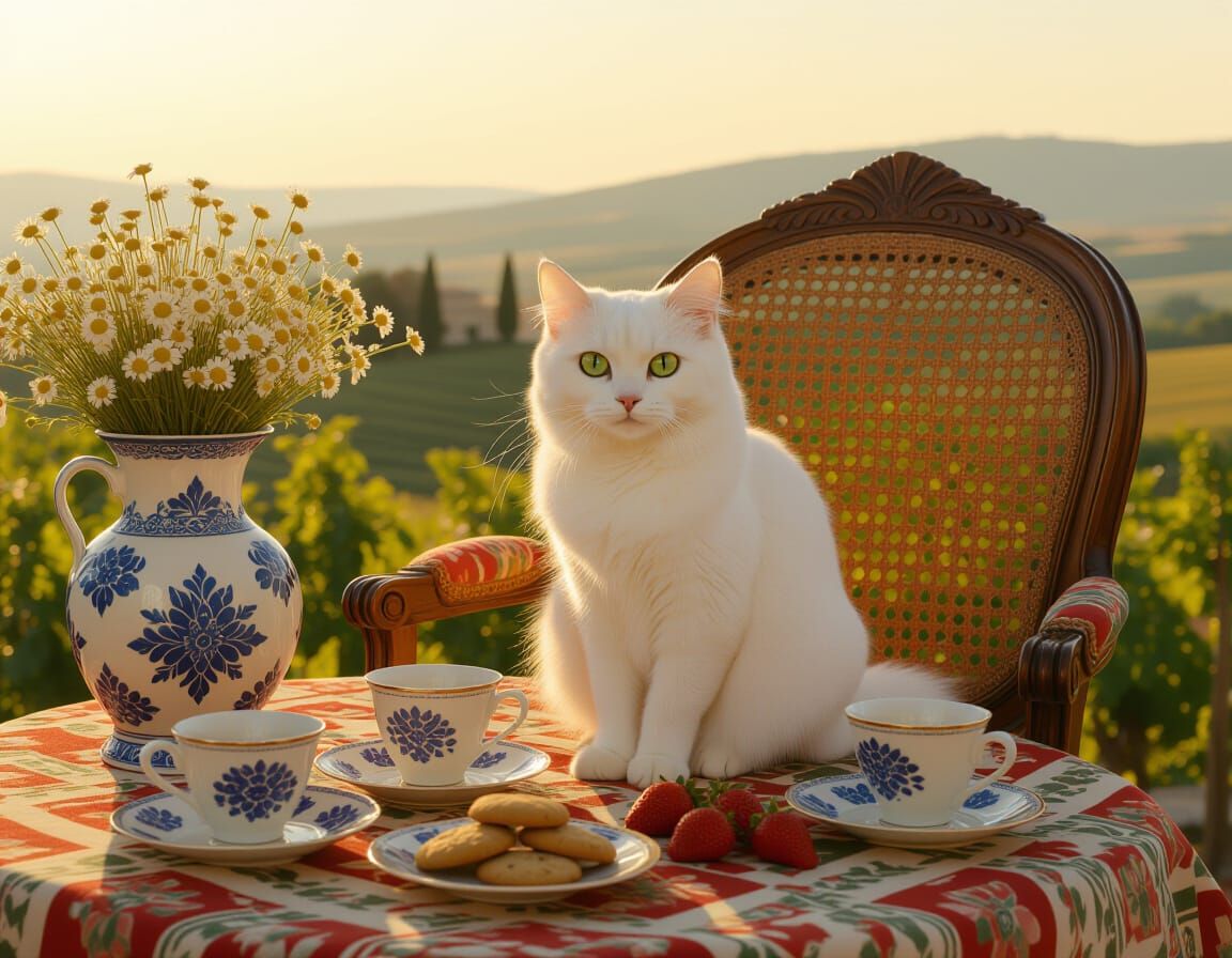 Italian Landscape with White Cat and Chamomile