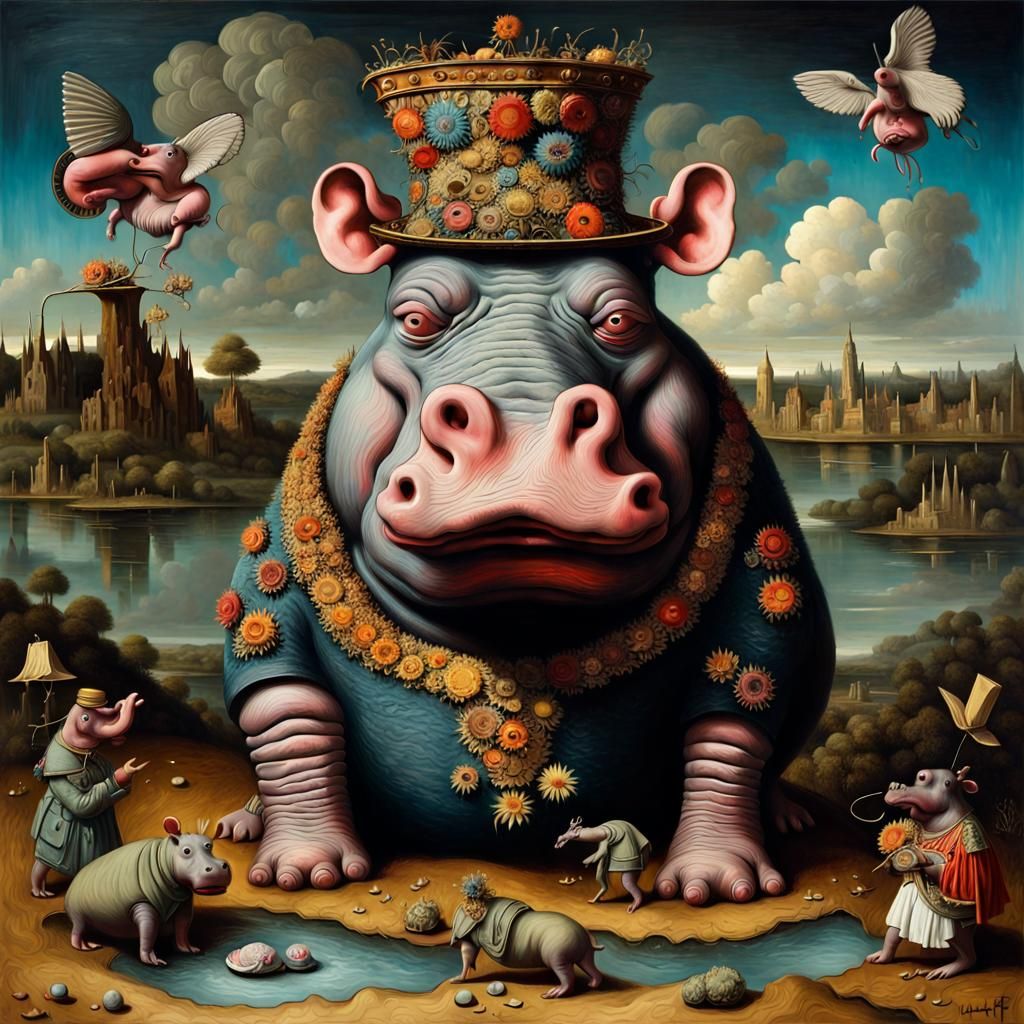 Grotesque Hippo in Sinister Surrealism Style
