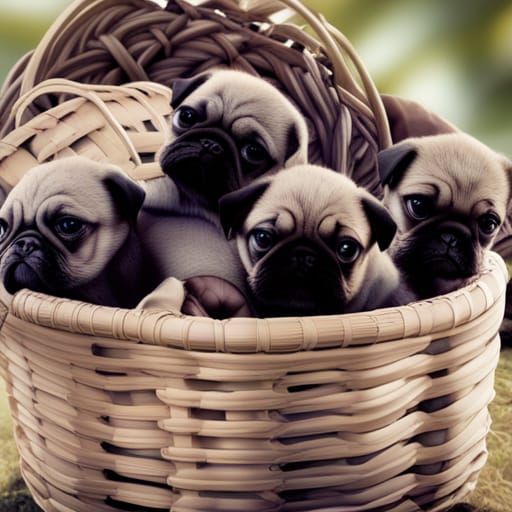 Basket Full of Pug Puppies: Digital Painting