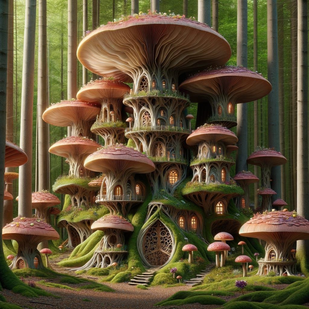 Enchanted Mushroom City in a Whimsical Woodland Setting
