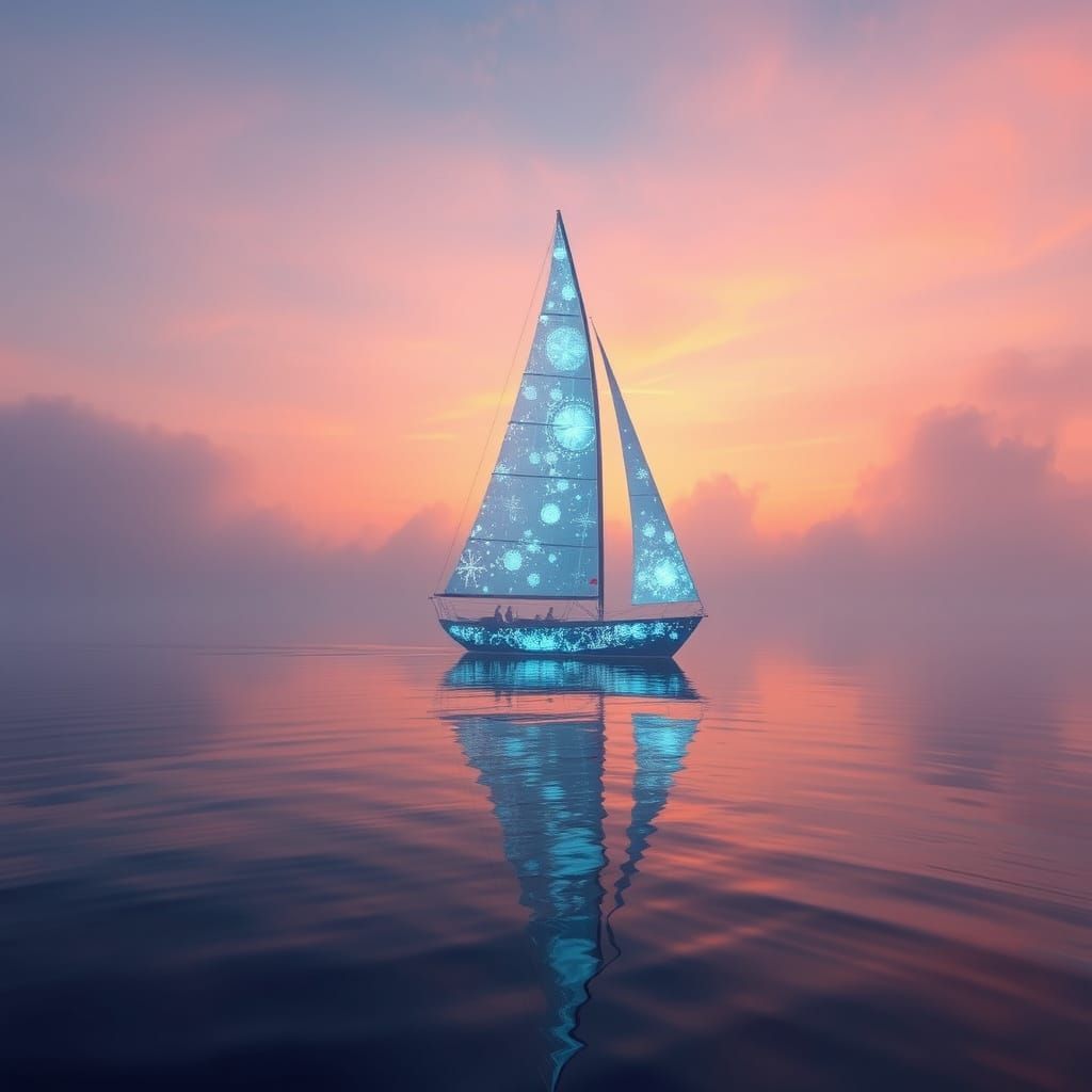 Ethereal Sailboat on Glassy Ocean at Sunrise