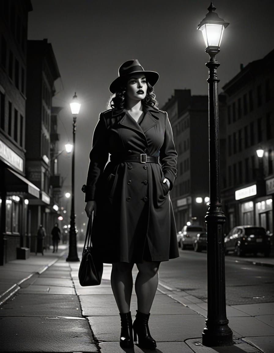 Sultry Woman in Noir Style Illuminates Dark City Street