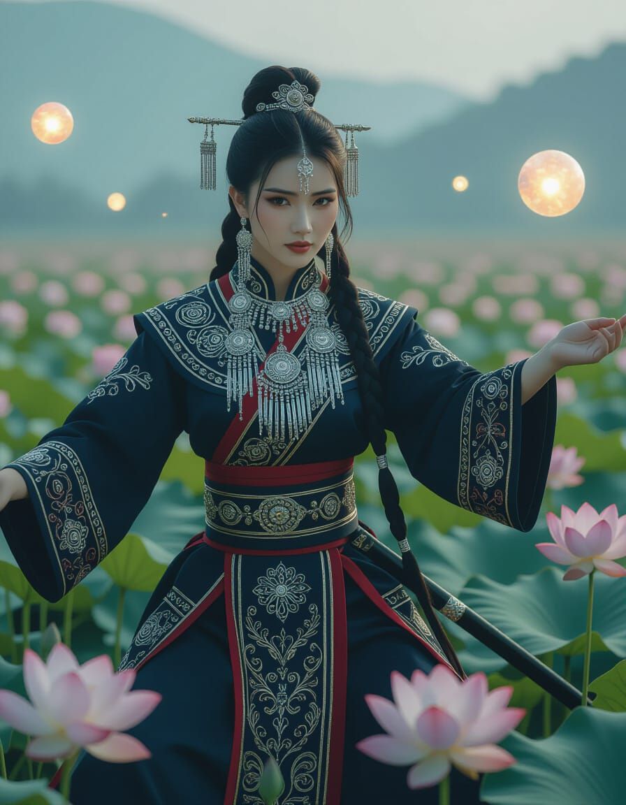 Hmong Ninja Woman in Lotus Field: Cinematic Film Style