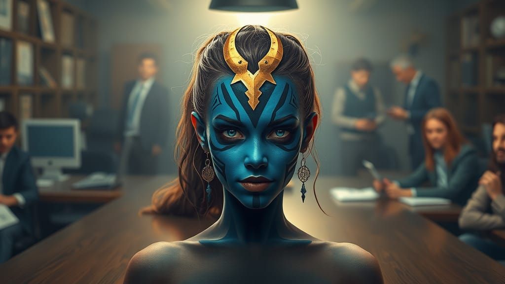 Girl with Viking Warpaint in Dark Office