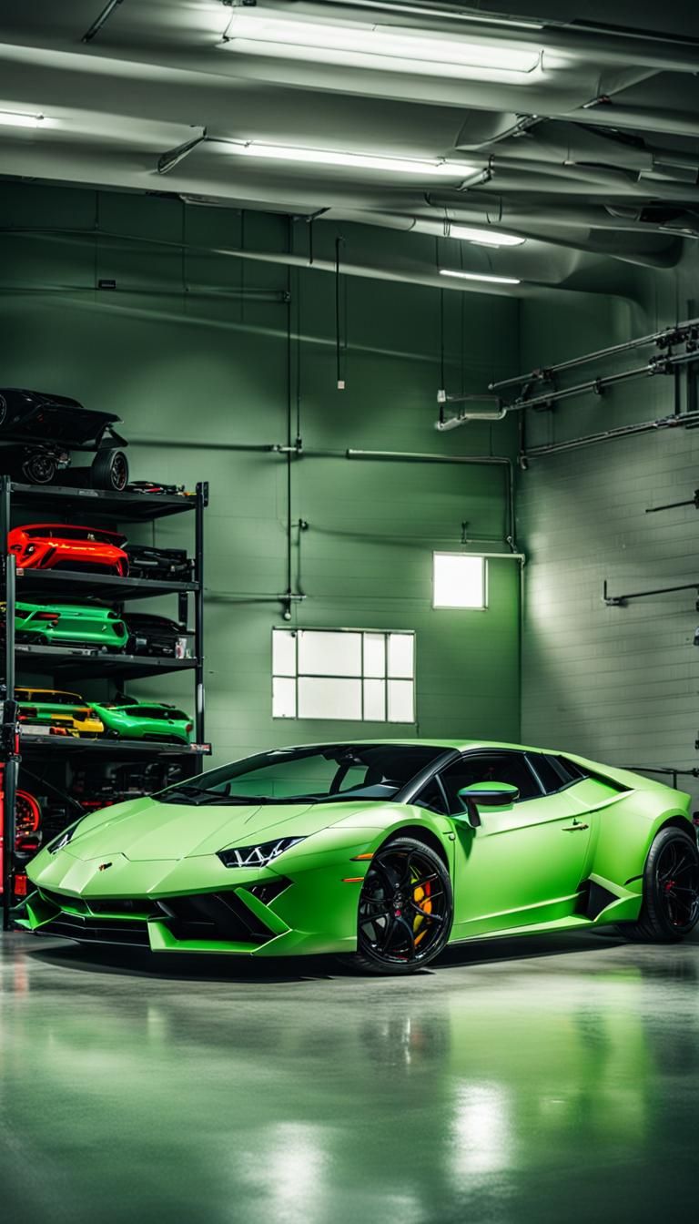 Light Green Lamborghini in a Modern Garage
