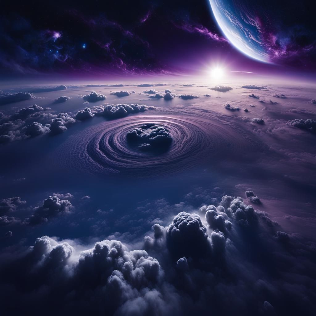 Dramatic Dark Blue Planet with Swirling Clouds