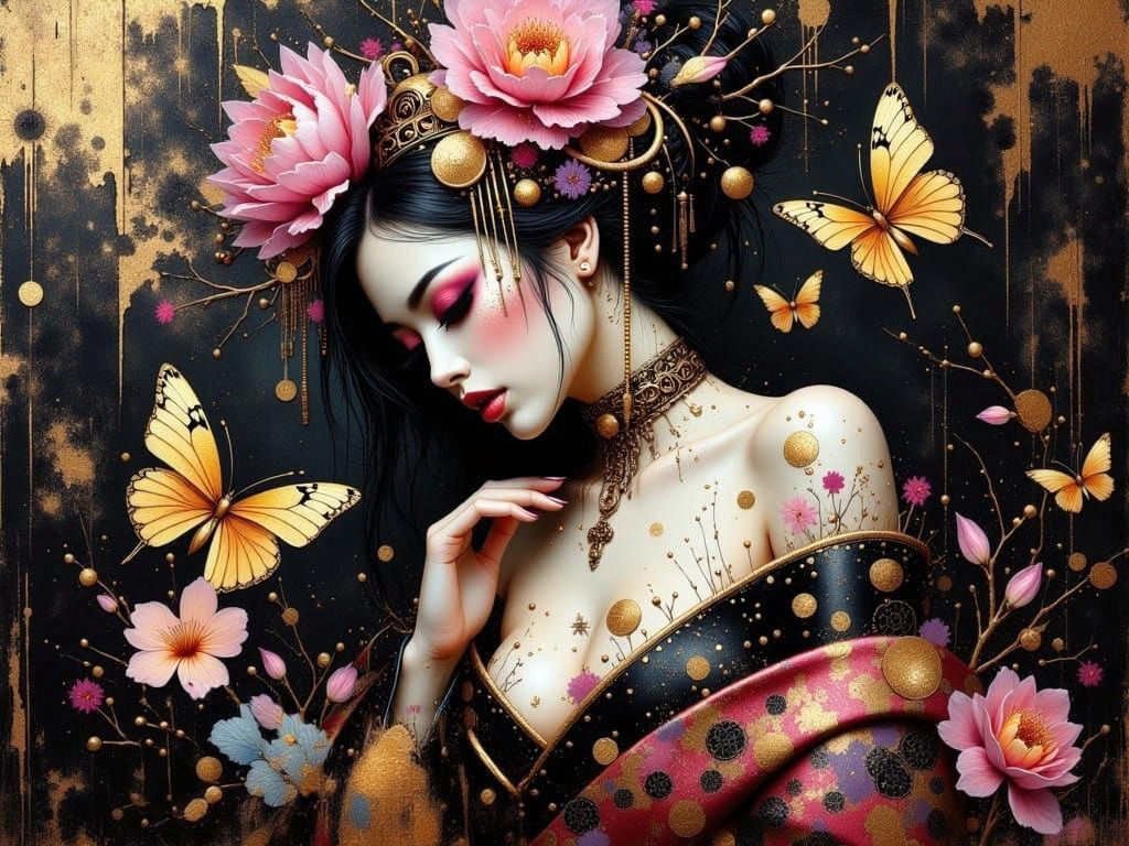 Ethereal Steampunk Geisha Dissolves into Swirling Smoke