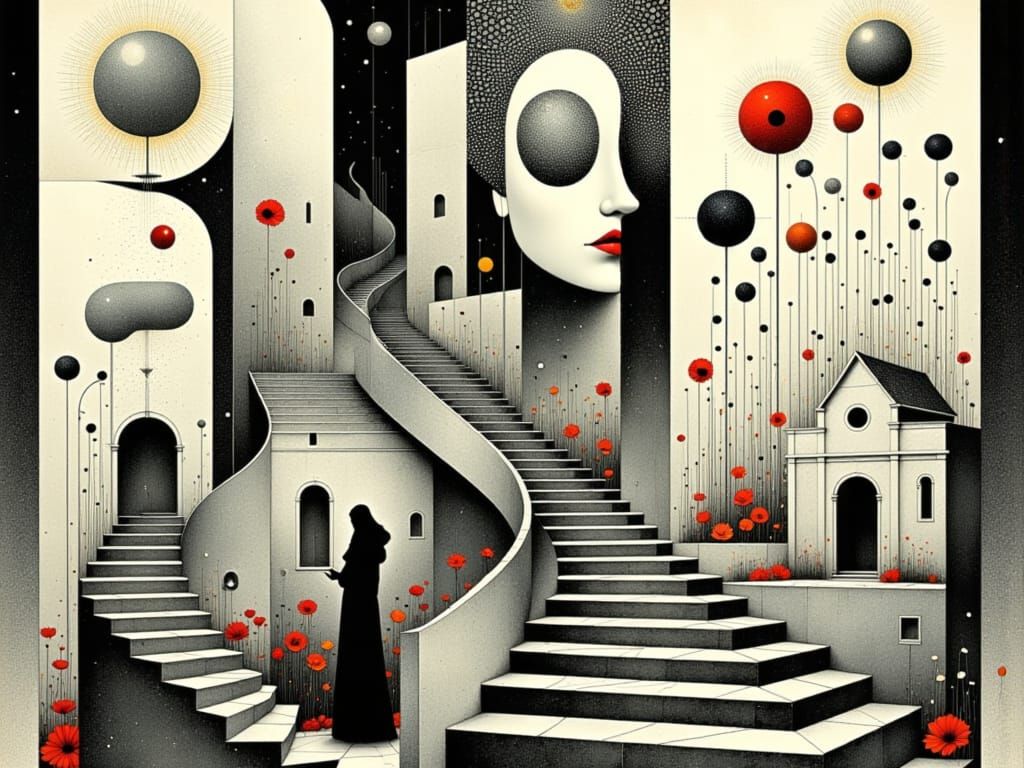 Surreal Masks in Opulent Architecture with Floral Patterns