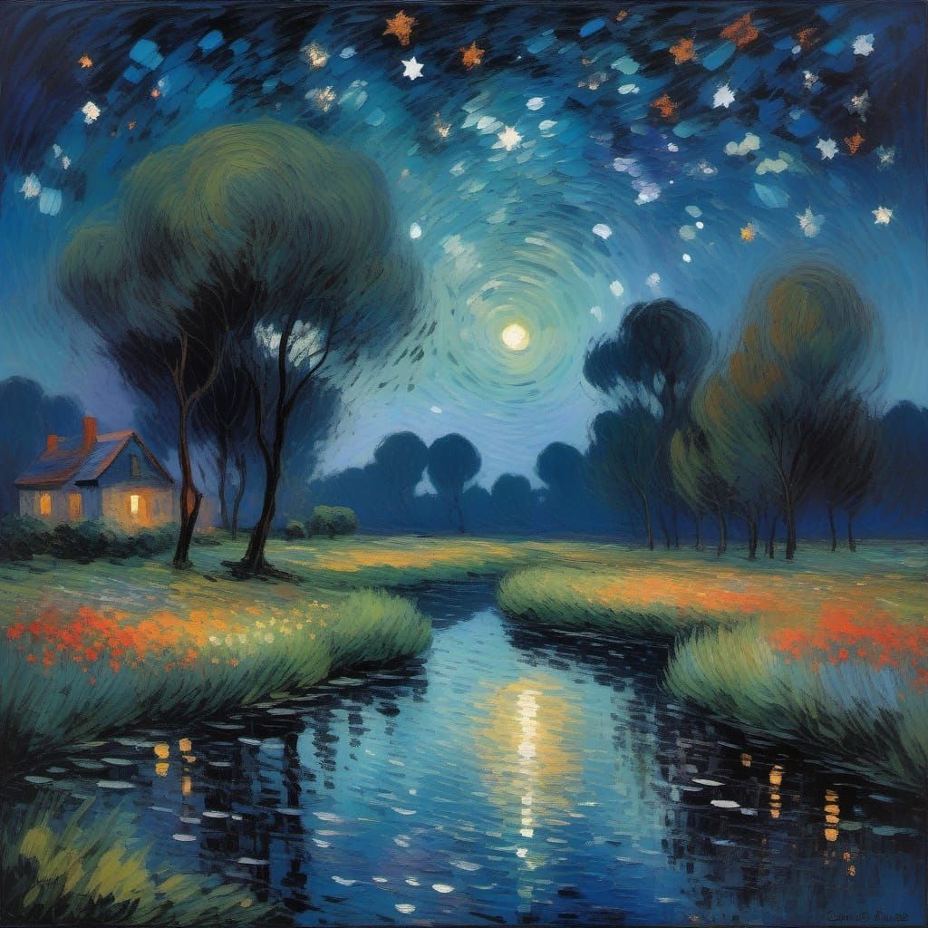 Nocturnal Landscape: Impressionist Style with Vibrant Stars