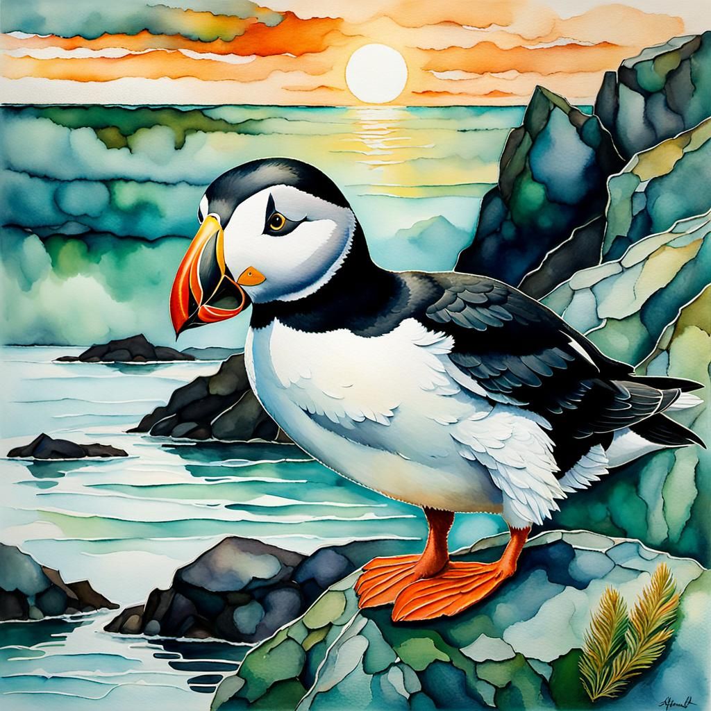 Puffin in Tidepool: Impasto Watercolor Painting