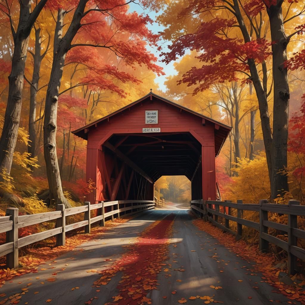 Picturesque Covered Bridge in Autumn Foliage