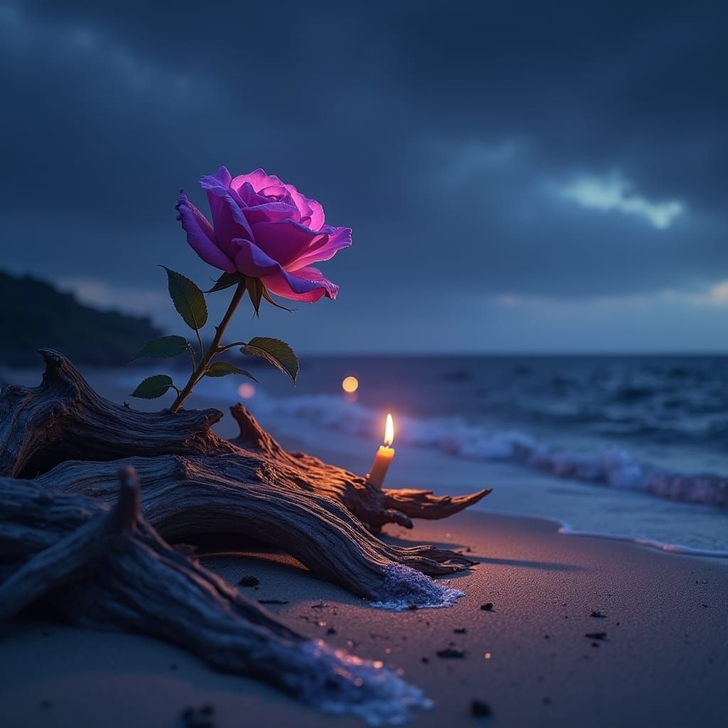 Purple Rose Blooms on Beach at Night