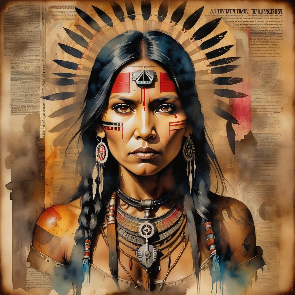 Watercolor Steampunk Native American Woman Portrait