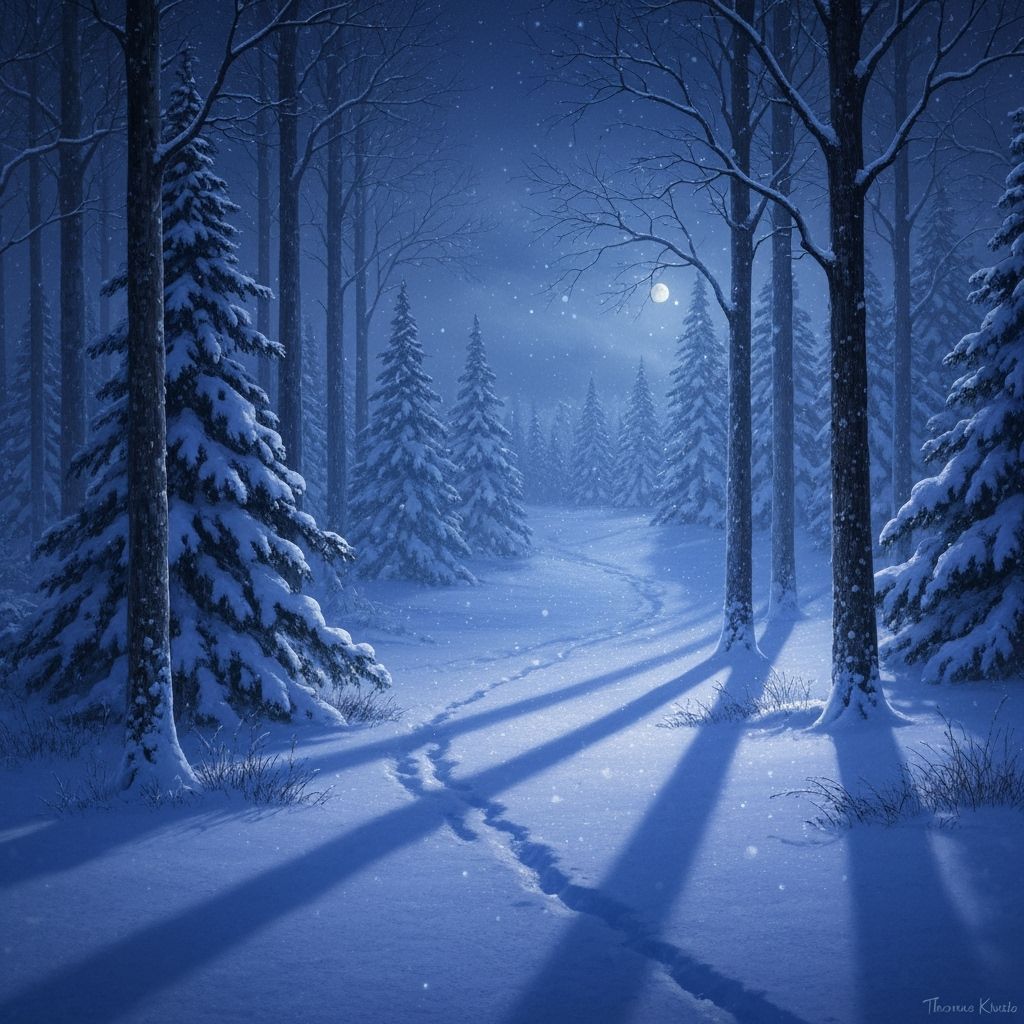 Snowy Forest at Twilight Under Moonlight