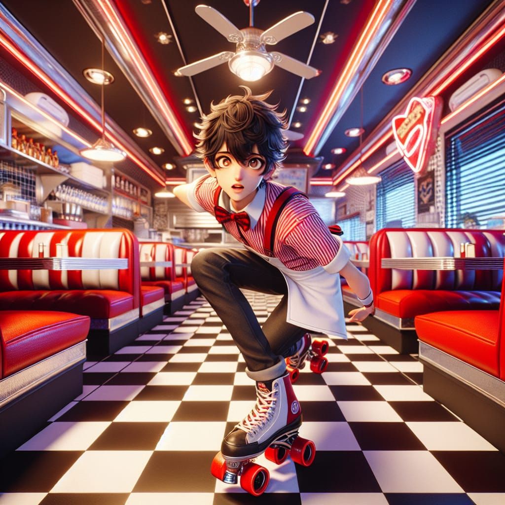 Anime Bishounen Waiter in Retro Diner, Unreal Engine
